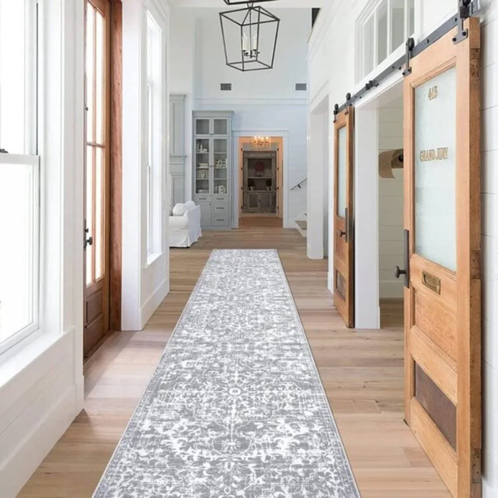 2x10 Grey White Runner Area Rug, Washable Non-Slip Vintage Carpet for Hallway